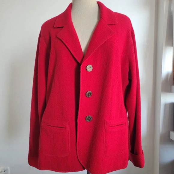 Chico's Boucle Knit Blazer Red 100% Wool Artsy Buttons Jacket (Size: 2) - Picture 11 of 16